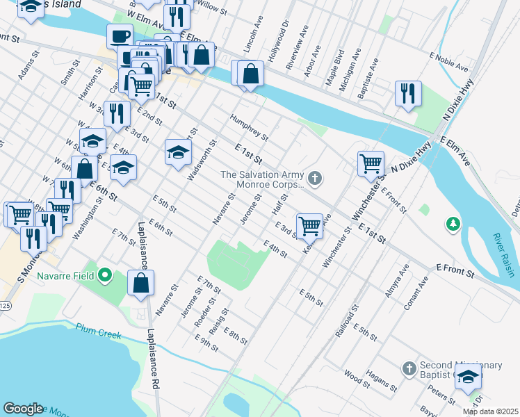 map of restaurants, bars, coffee shops, grocery stores, and more near 709 East 3rd Street in Monroe