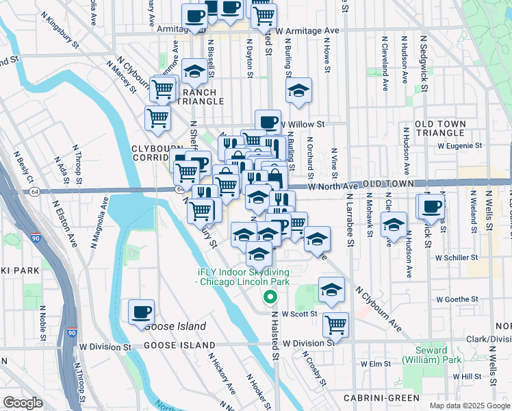 map of restaurants, bars, coffee shops, grocery stores, and more near 1555 North Dayton Street in Chicago