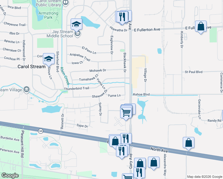 map of restaurants, bars, coffee shops, grocery stores, and more near 180 Shawnee Drive in Carol Stream