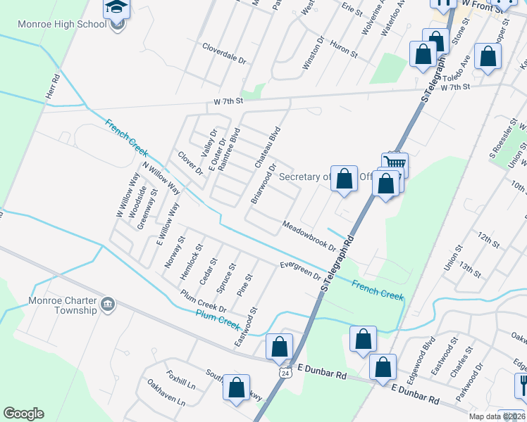 map of restaurants, bars, coffee shops, grocery stores, and more near 1702 Meadowbrook Drive in Monroe
