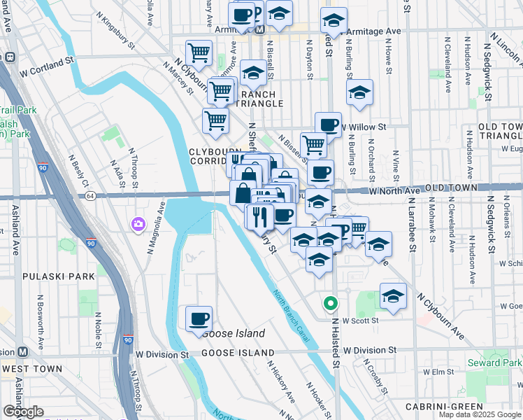 map of restaurants, bars, coffee shops, grocery stores, and more near 1551 North Sheffield Avenue in Chicago