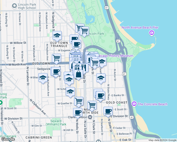 map of restaurants, bars, coffee shops, grocery stores, and more near 1546 North LaSalle Drive in Chicago