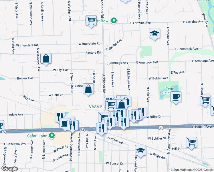 map of restaurants, bars, coffee shops, grocery stores, and more near 943 Addison Road in Addison