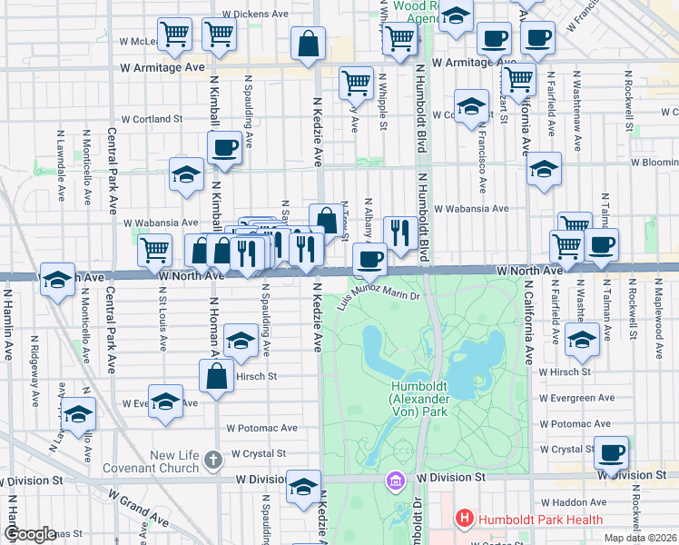 map of restaurants, bars, coffee shops, grocery stores, and more near 1552 North Kedzie Avenue in Chicago