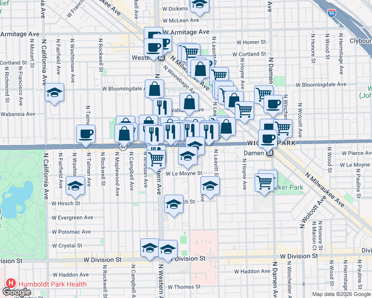 map of restaurants, bars, coffee shops, grocery stores, and more near in Chicago