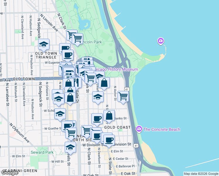 map of restaurants, bars, coffee shops, grocery stores, and more near 1515 North State Parkway in Chicago