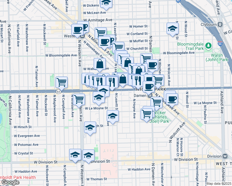 map of restaurants, bars, coffee shops, grocery stores, and more near 1550 North Leavitt Street in Chicago