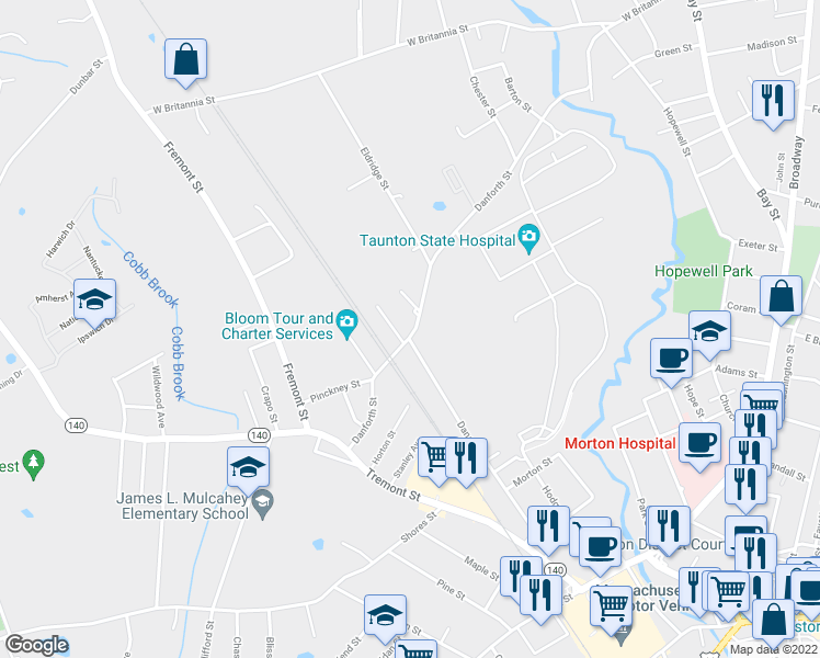 map of restaurants, bars, coffee shops, grocery stores, and more near 44 Danforth Street in Taunton