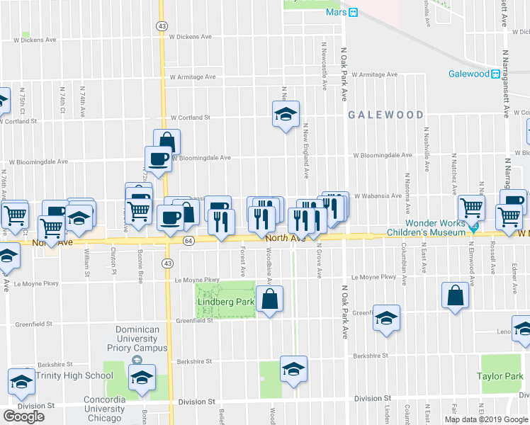 map of restaurants, bars, coffee shops, grocery stores, and more near 1637 North Sayre Avenue in Chicago