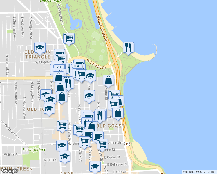 map of restaurants, bars, coffee shops, grocery stores, and more near 1500 North Lake Shore Drive in Chicago