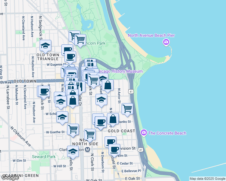 map of restaurants, bars, coffee shops, grocery stores, and more near 1515 North State Parkway in Chicago