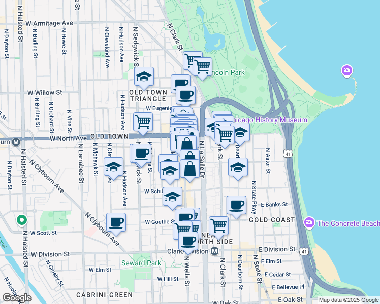 map of restaurants, bars, coffee shops, grocery stores, and more near 1529 North Wells Street in Chicago
