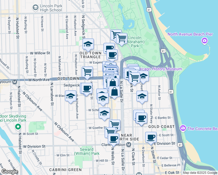 map of restaurants, bars, coffee shops, grocery stores, and more near 1529 North Wells Street in Chicago