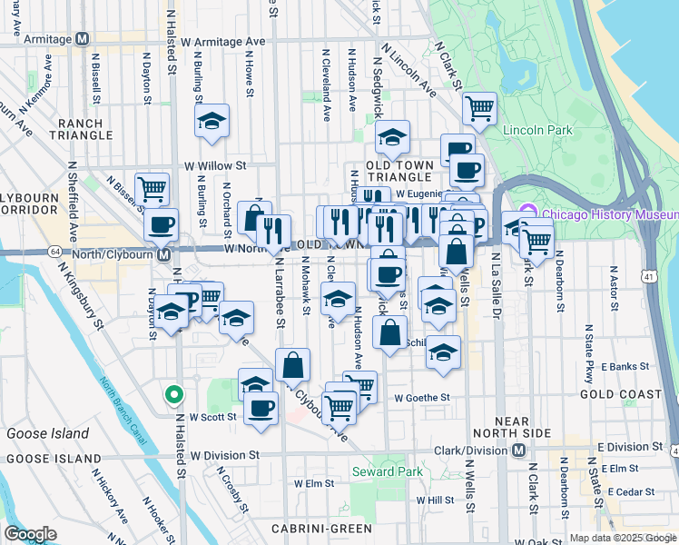 map of restaurants, bars, coffee shops, grocery stores, and more near 1523 North Cleveland Avenue in Chicago