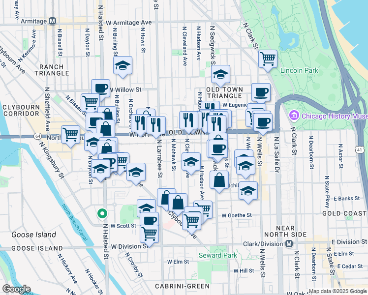 map of restaurants, bars, coffee shops, grocery stores, and more near 1527 North Mohawk Street in Chicago