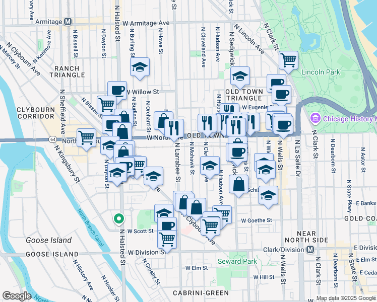 map of restaurants, bars, coffee shops, grocery stores, and more near 1527 North Mohawk Street in Chicago
