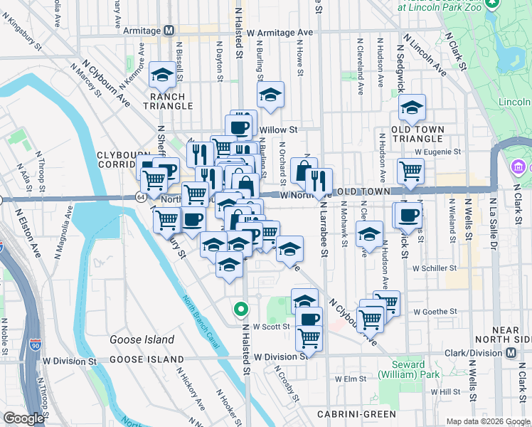 map of restaurants, bars, coffee shops, grocery stores, and more near 1526 North Orchard Street in Chicago