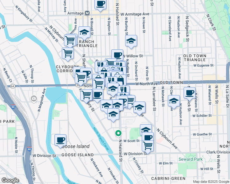 map of restaurants, bars, coffee shops, grocery stores, and more near 1555 North Dayton Street in Chicago