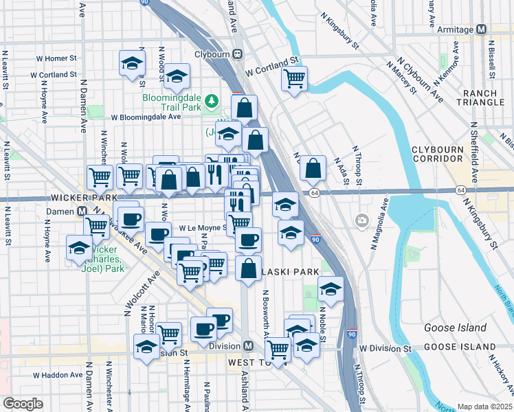 map of restaurants, bars, coffee shops, grocery stores, and more near 1515 North Ashland Avenue in Chicago