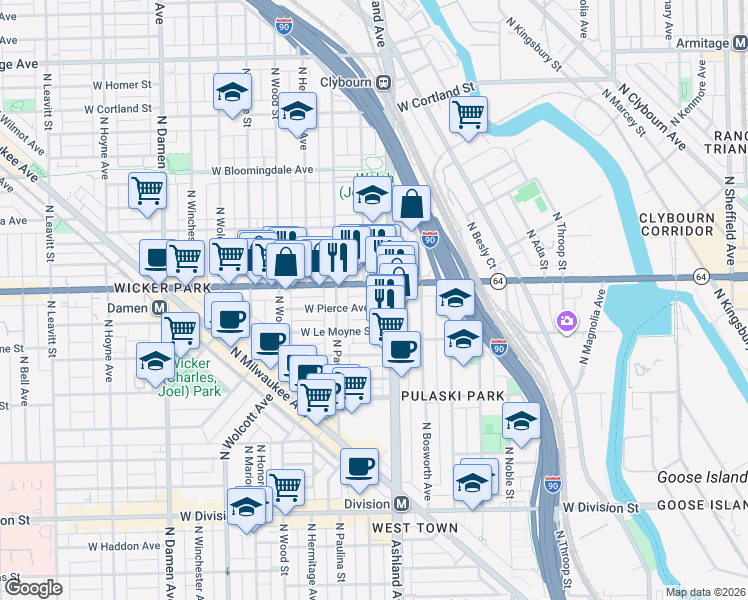 map of restaurants, bars, coffee shops, grocery stores, and more near 1632 West Pierce Avenue in Chicago