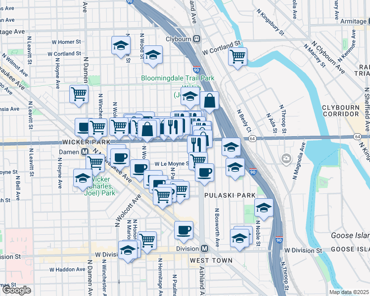 map of restaurants, bars, coffee shops, grocery stores, and more near 1641 West North Avenue in Chicago