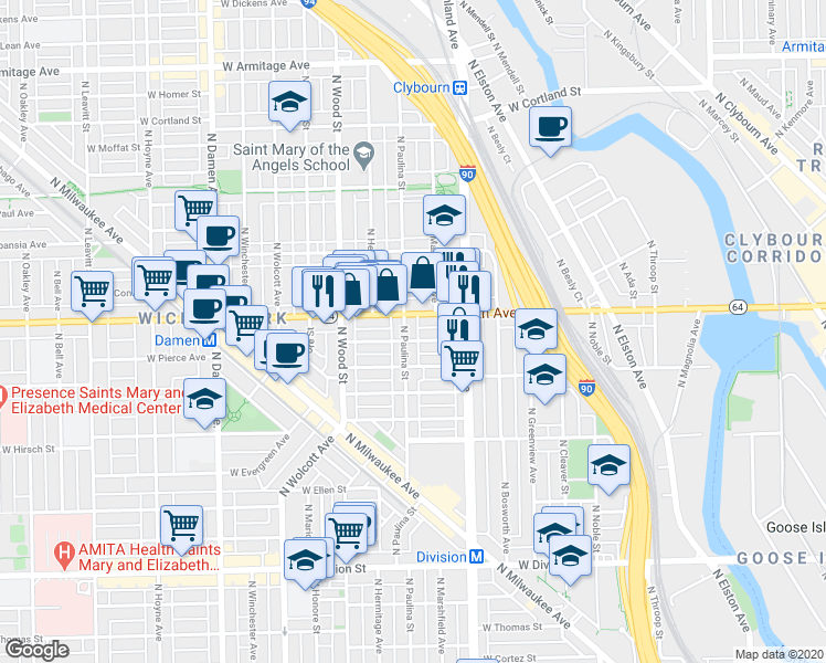 map of restaurants, bars, coffee shops, grocery stores, and more near 1528 North Paulina Street in Chicago