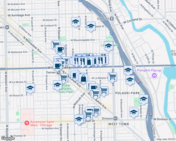map of restaurants, bars, coffee shops, grocery stores, and more near 1801 Illinois 64 in Chicago