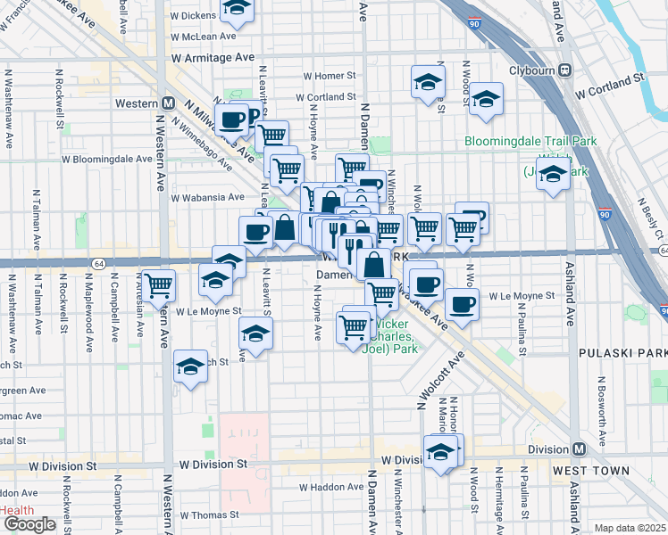 map of restaurants, bars, coffee shops, grocery stores, and more near 1563 North Hoyne Avenue in Chicago