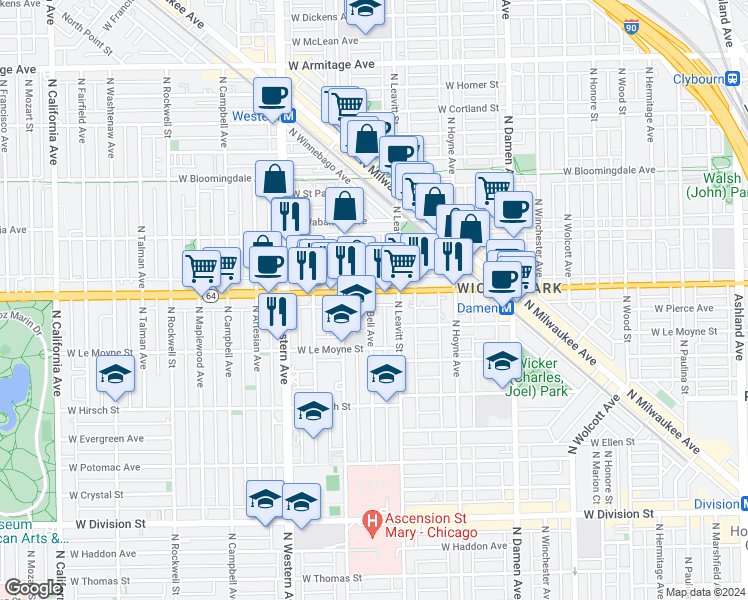 map of restaurants, bars, coffee shops, grocery stores, and more near 2243 West North Avenue in Chicago