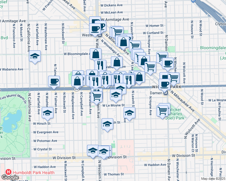 map of restaurants, bars, coffee shops, grocery stores, and more near 2325 West North Avenue in Chicago