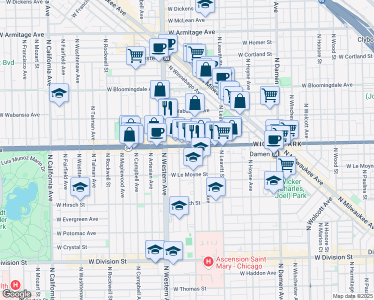 map of restaurants, bars, coffee shops, grocery stores, and more near in Chicago