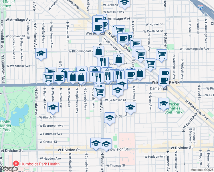 map of restaurants, bars, coffee shops, grocery stores, and more near 1547 North Western Avenue in Chicago