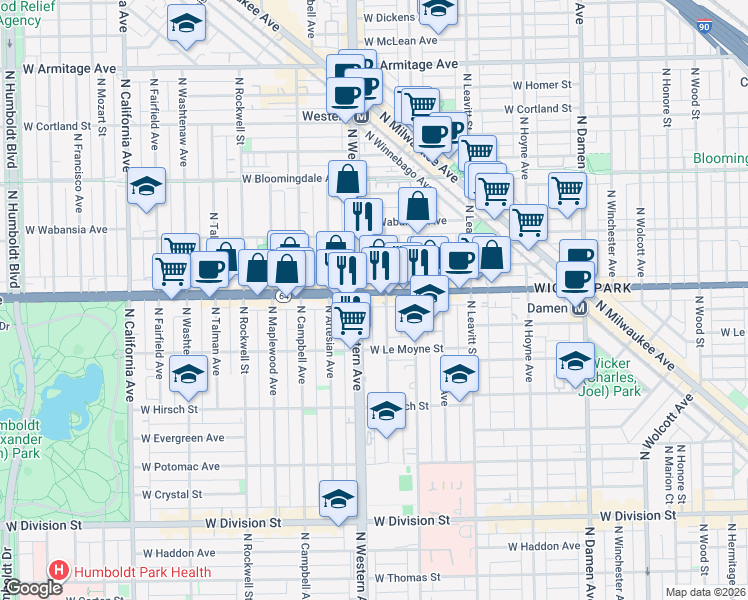 map of restaurants, bars, coffee shops, grocery stores, and more near 1549 North Western Avenue in Chicago