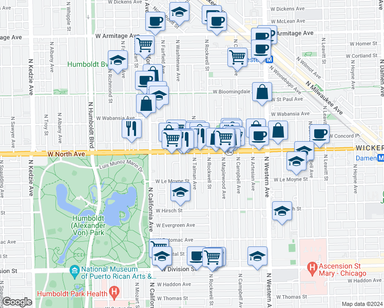 map of restaurants, bars, coffee shops, grocery stores, and more near 2639 West North Avenue in Chicago