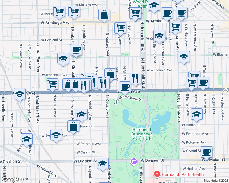 map of restaurants, bars, coffee shops, grocery stores, and more near in Chicago