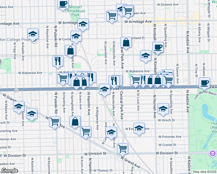 map of restaurants, bars, coffee shops, grocery stores, and more near 3639 West North Avenue in Chicago