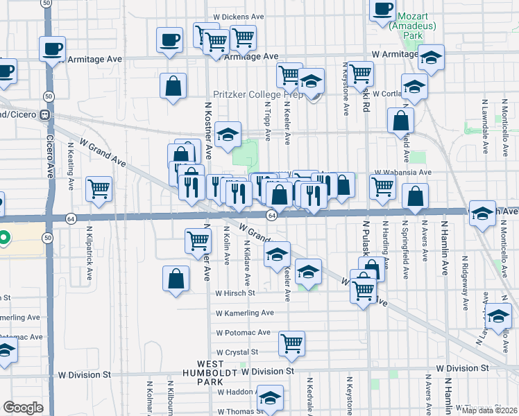 map of restaurants, bars, coffee shops, grocery stores, and more near 4254 West North Avenue in Chicago