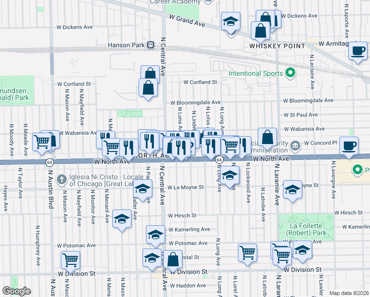 map of restaurants, bars, coffee shops, grocery stores, and more near 1618 North Linder Avenue in Chicago