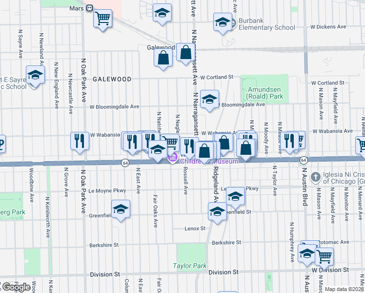 map of restaurants, bars, coffee shops, grocery stores, and more near 1625 North Nagle Avenue in Chicago