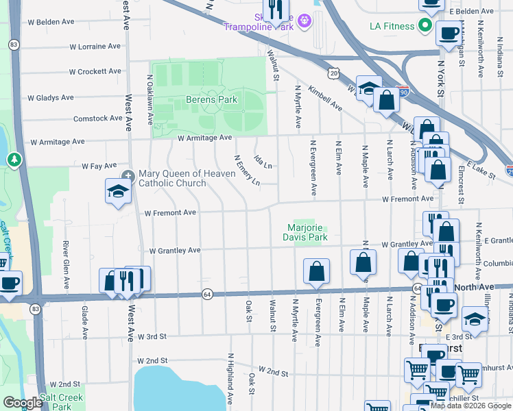 map of restaurants, bars, coffee shops, grocery stores, and more near 329 West Fremont Avenue in Elmhurst
