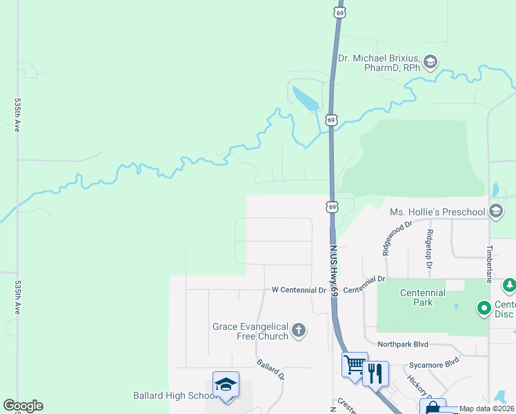 map of restaurants, bars, coffee shops, grocery stores, and more near 54324 306th Lane in Huxley