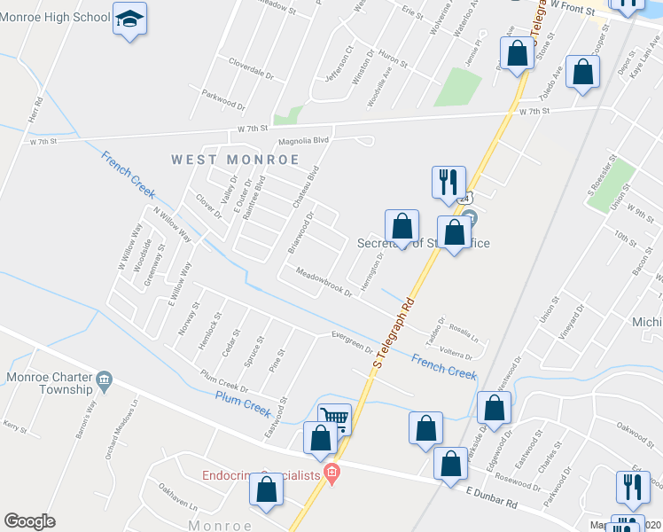 map of restaurants, bars, coffee shops, grocery stores, and more near 1274 Strandwyck Drive in Monroe