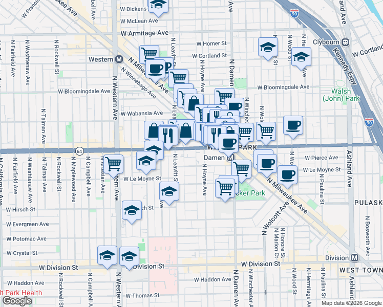 map of restaurants, bars, coffee shops, grocery stores, and more near 2131 West North Avenue in Chicago