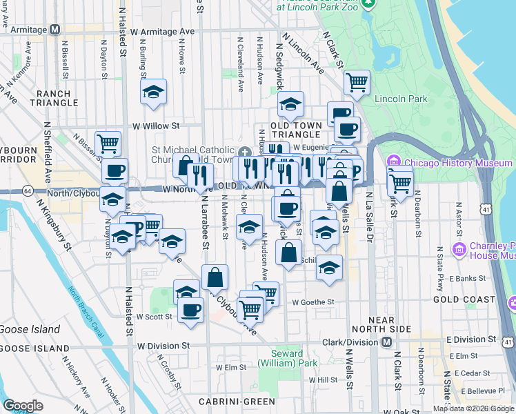 map of restaurants, bars, coffee shops, grocery stores, and more near 1523 North Cleveland Avenue in Chicago