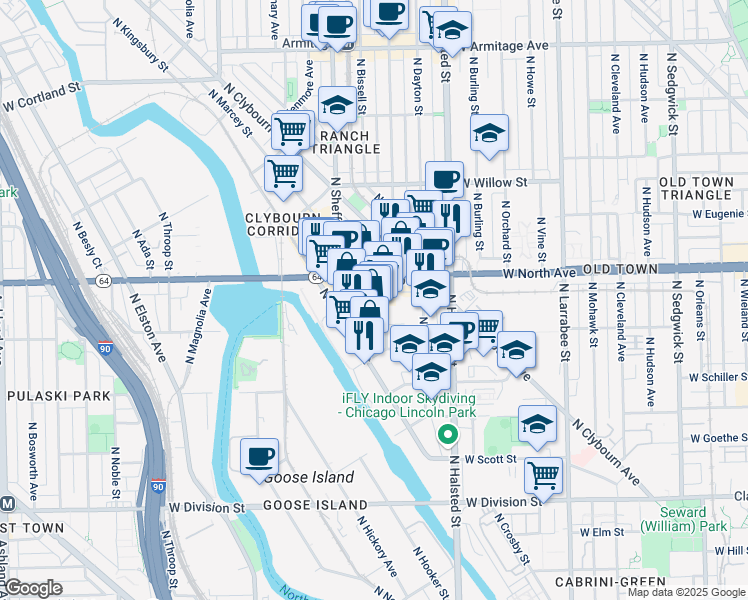 map of restaurants, bars, coffee shops, grocery stores, and more near 900 West Weed Street in Chicago