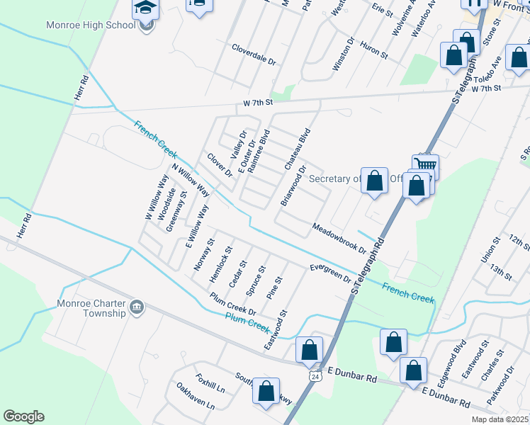 map of restaurants, bars, coffee shops, grocery stores, and more near 1801 Garden Street in Monroe
