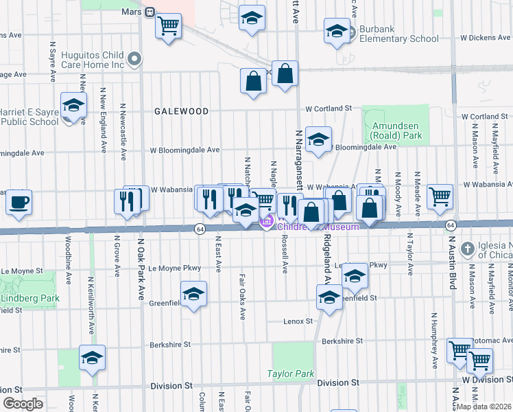 map of restaurants, bars, coffee shops, grocery stores, and more near 1631 North Natchez Avenue in Chicago