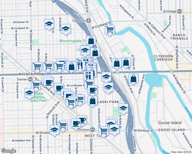 map of restaurants, bars, coffee shops, grocery stores, and more near 1544 North Bosworth Avenue in Chicago