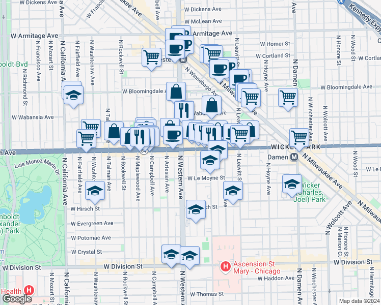 map of restaurants, bars, coffee shops, grocery stores, and more near 1547 North Western Avenue in Chicago