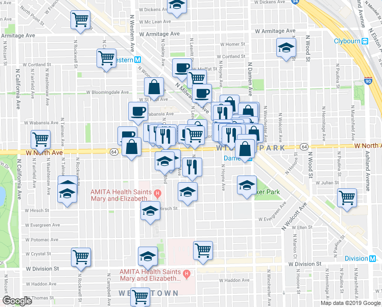 map of restaurants, bars, coffee shops, grocery stores, and more near 1550 North Leavitt Street in Chicago